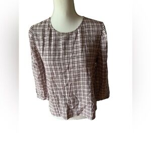 Treasure Bond Plaid Blouse Top 3/4 Sleeve Round Neck Classic Career Casual Small